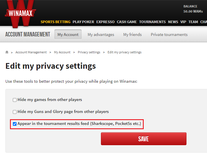 Winamax privacy options